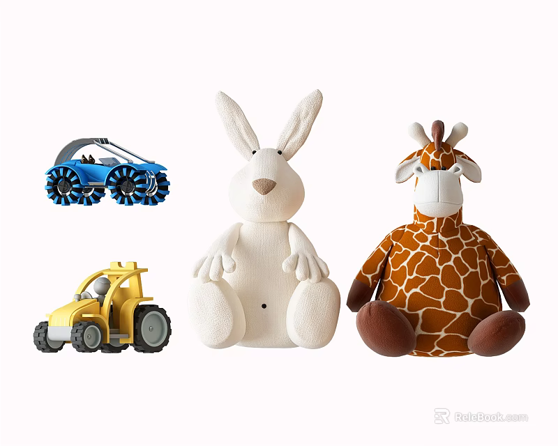 Adorable Stuffed Rabbit And Giraffe Plush Dolls With Blue Excavator And Yellow Tractor 3d model 
