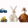 Adorable Stuffed Rabbit And Giraffe Plush Dolls With Blue Excavator And Yellow Tractor