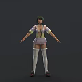 Game Movie Character With Short Green Hair Striped Cardigan And Floral Bikini Top