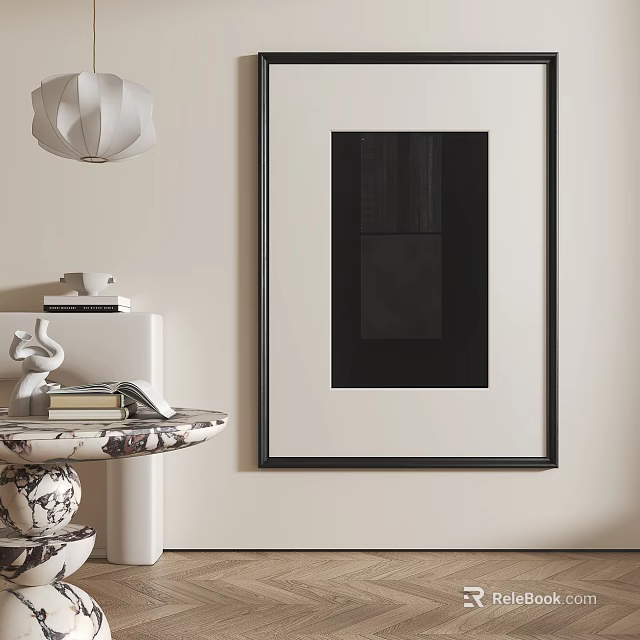 Black Framed Abstract Painting In Modern Interior With Beige Wall And Decorative Side Table 3d model 