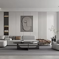 Modern Open Concept Living Dining Room Interior With Grey Sofa Round Art And Rug