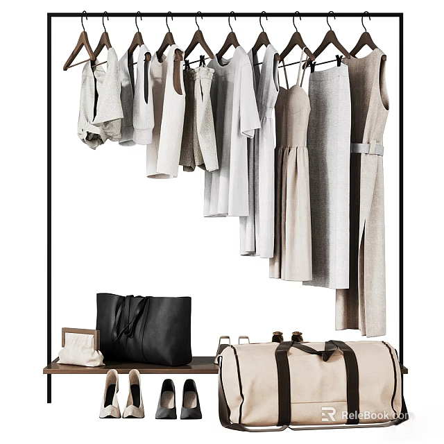 Contemporary Open Wardrobe With Hanging Clothes Dresses Shirts And Storage For Bags Shoes 3d model 