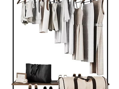 Contemporary Open Wardrobe With Hanging Clothes Dresses Shirts And Storage For Bags Shoes 3d model