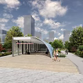 Modern Station Entrance with Curved Canopy Signage and Pedestrians on Brick Pavement