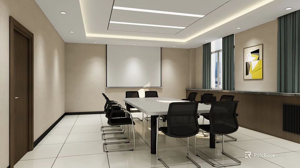 Modern Conference Room Interior With Long Table Black Chairs Projection Screen And Windows 3d model 