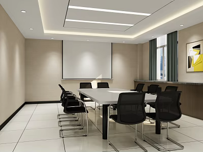 Modern Conference Room Interior With Long Table Black Chairs Projection Screen And Windows 3d model