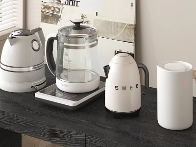 Modern White Kitchen Appliances With SMEG Kettle Glass Coffee Maker And Thermal Pot On Countertop 3d model