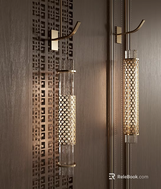 Chinese Style Hollowed-out Wall Lamp With Metal Frame And Glass Shade On Wooden Wall 3d model 