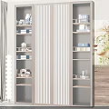 Modern Decorative Cabinet With Sliding Doors Open Shelves Books Vases And Potted Plant