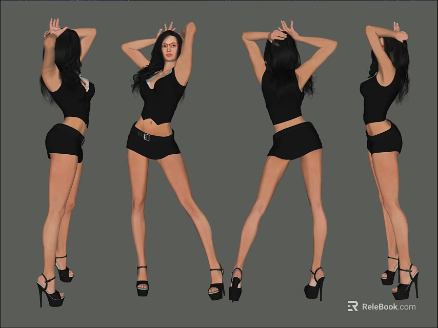 Woman in Black Top and Shorts Posing in Multiple Angles with High Heels 3d model 