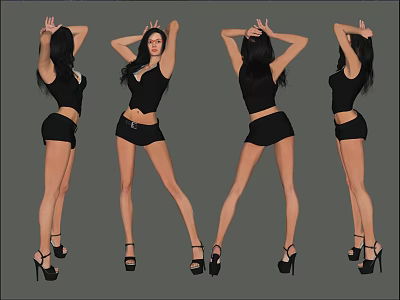 Woman in Black Top and Shorts Posing in Multiple Angles with High Heels 3d model