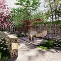 Beautiful Garden Landscape With Winding Stone Path Purple Flowers Pink Cherry Trees And Lantern Lights