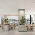 Modern Restaurant Interior With Wooden Walls Large Windows Natural Light And Green Plants