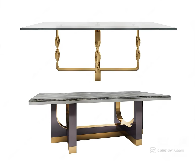 Modern Dining Table With Marble Top And Golden Twisted Metal Legs Design 3d model 
