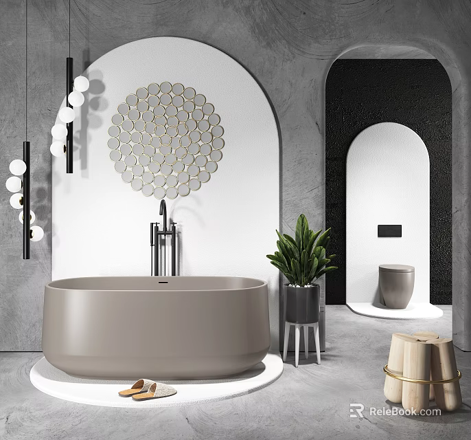 Modern Gray Bathtub Bathroom Interior With Circular Wall Decor And Green Plant 3d model 