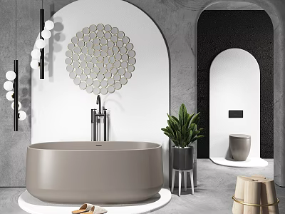 Modern Gray Bathtub Bathroom Interior With Circular Wall Decor And Green Plant 3d model