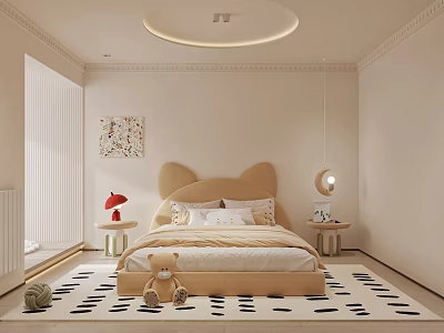 Cozy Children's Bedroom With Bear Shaped Bed Teddy Bear And Spotted Rug Round Light 3d model