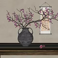 Chinese Style Interior Decor Featuring Vase With Branches Pink Flowers And Scroll Painting
