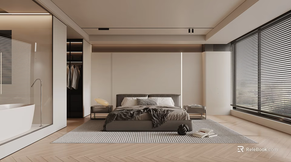 Modern Bedroom Interior Design With Bed Nightstand Rug Wooden Floor And Blinds 3d model 