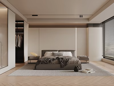 Modern Bedroom Interior Design With Bed Nightstand Rug Wooden Floor And Blinds 3d model