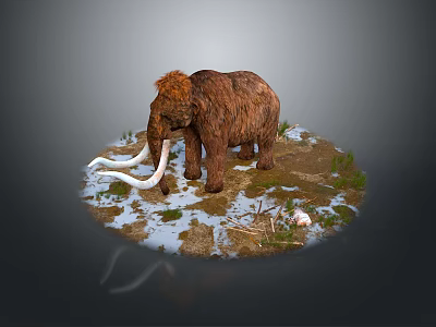 Woolly Mammoth With Long Tusks Standing In Snowy Habitat Surrounded By Grass And Small Plants 3d model