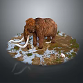 Woolly Mammoth With Long Tusks Standing In Snowy Habitat Surrounded By Grass And Small Plants