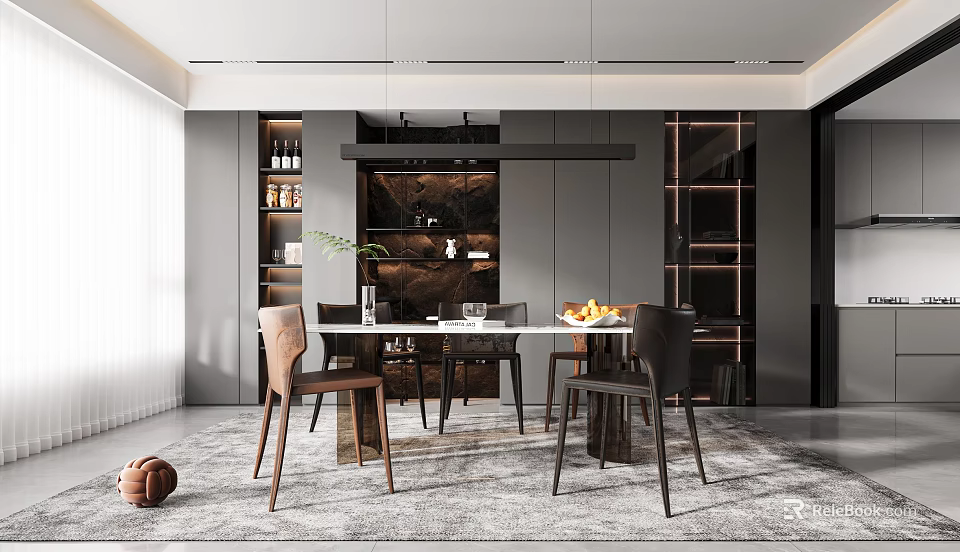 Modern Restaurant Interior With Dining Table Leather Chairs Decorative Wall And Pendant Lighting 3d model