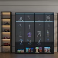 Modern Display Cabinet With Glass Doors Showing Collectibles Models Toy Cars And Snacks On Shelves