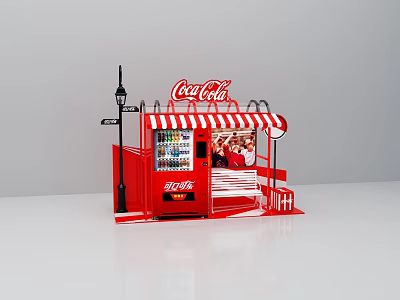 Coca-Cola Themed Red Kiosk Photo Spot With Striped Awning And Street Lamp 3d model