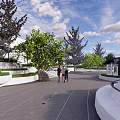 Modern Square Landscape Design With Circular Structures Tall Trees And People Walking 3d model