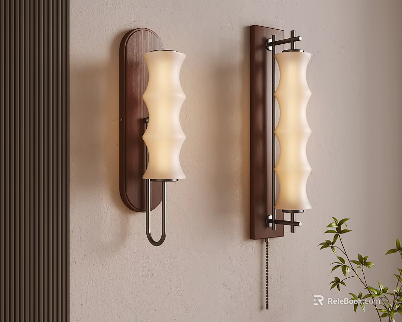 Modern Wall Sconces with Bamboo shaped White Glass Shades and Dark Wood Frames for Interior Decor 3d model 