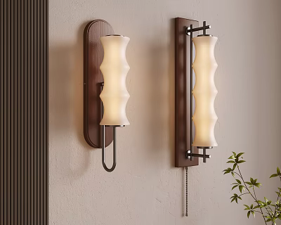 Modern Wall Sconces with Bamboo shaped White Glass Shades and Dark Wood Frames for Interior Decor 3d model