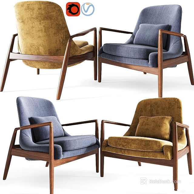 Modern Minimalist Accent Chairs With Wooden Frame And Plush Cushions In Blue And Yellow Tones 3d model 