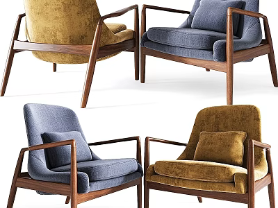 Modern Minimalist Accent Chairs With Wooden Frame And Plush Cushions In Blue And Yellow Tones 3d model