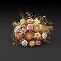Three Decorative Vase Arrangements with Pink White Orange Flowers and Golden Foliage