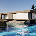 Wooden Waterfront House with Glass Windows Trees and Clear Water Reflection
