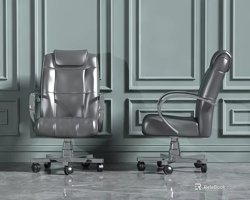 Gray Leather Office Chairs With Armrests On Wheels Against Gray Paneled Wall And Marble Floor 3d model 