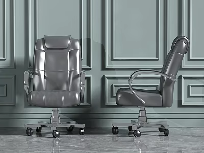 Gray Leather Office Chairs With Armrests On Wheels Against Gray Paneled Wall And Marble Floor 3d model
