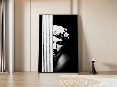 Abstract Painting Featuring Black and White Sculptural Head With Striped Design In Modern Interior 3d model