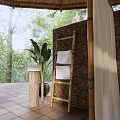 Hotel Room With Thatched Roof Wooden Bed Green Plants Stone Wall And Tiled Floor