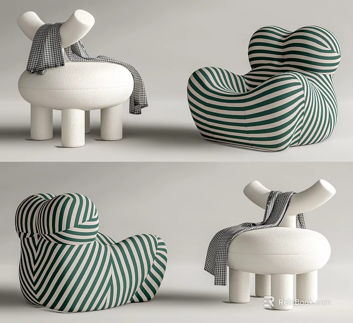 Modern Single Sofa With Green Striped Design Plush White Upholstery And Decorative Throw Blanket 3d model 