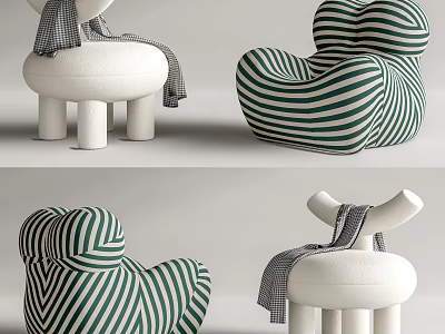 Modern Single Sofa With Green Striped Design Plush White Upholstery And Decorative Throw Blanket 3d model