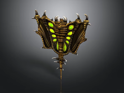 Character Holding Golden Mythical Creature Weapon With Green Glowing Eyes And Spiked Wings 3d model