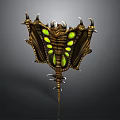 Character Holding Golden Mythical Creature Weapon With Green Glowing Eyes And Spiked Wings