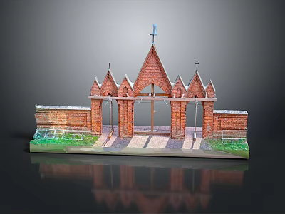 Red Brick Gothic Church Model with Spires Arches Crosses and Detailed Base Design 3d model