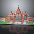 Red Brick Gothic Church Model with Spires Arches Crosses and Detailed Base Design