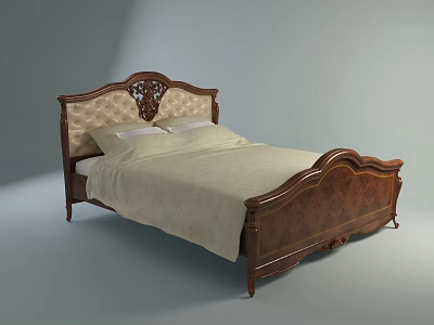 Classic Wooden Double Bed With Carved Frame Upholstered Headboard And Beige Bedspread 3d model