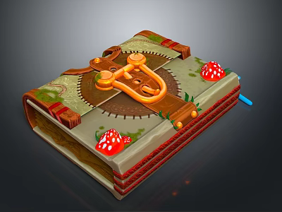 Decorative Open Book Shaped Household Item With Gears Mushrooms And Green Plants 3d model