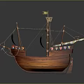 Wooden Sailing Ship with White and Green Striped Sails Yellow Flag and Detailed Wooden Structure