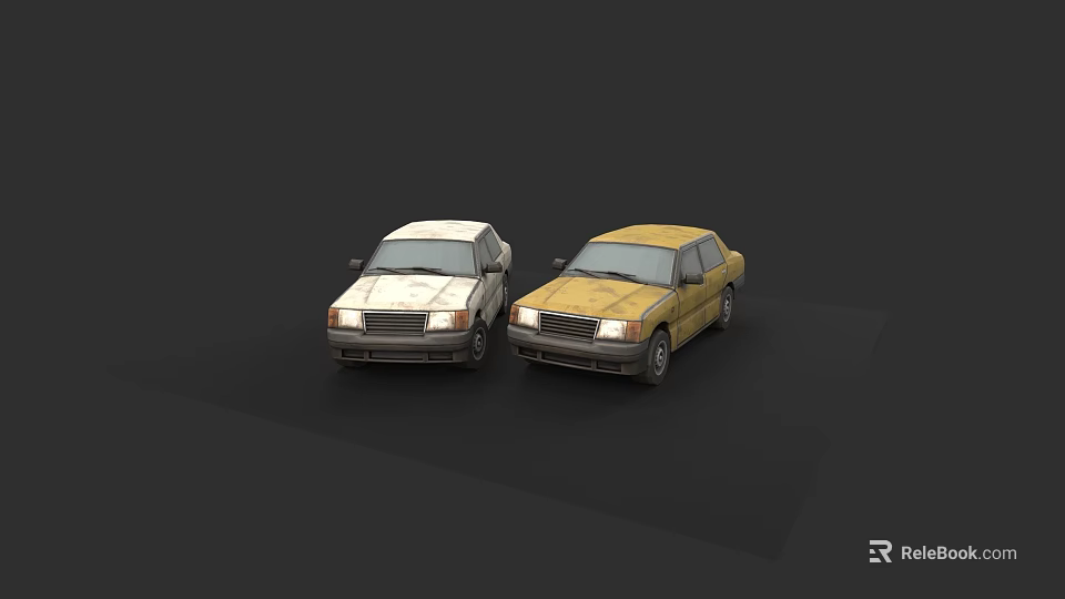 Vintage White And Yellow Sedan Cars Two Classic Models On Black Background 3d model 